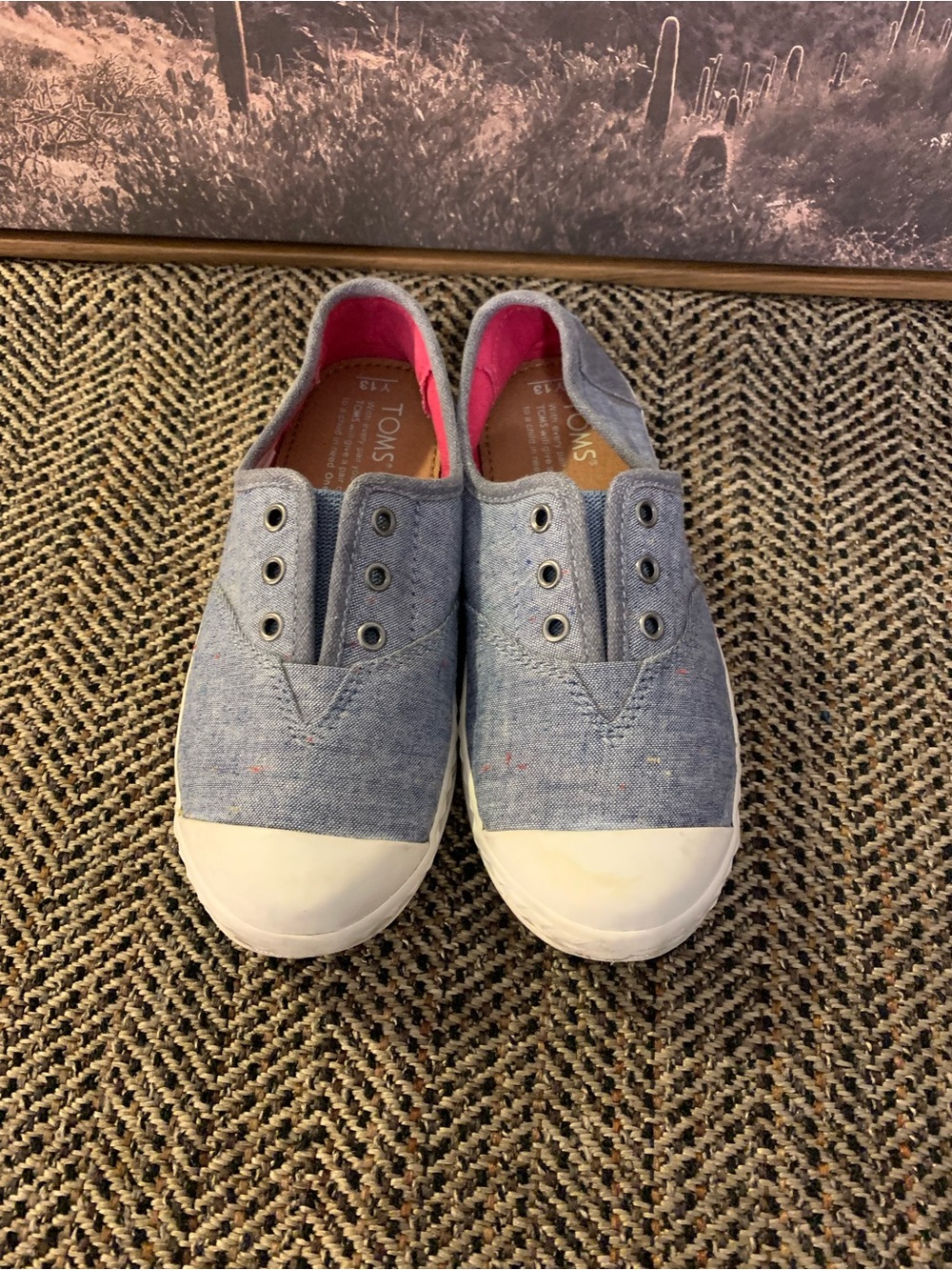 TOMS Kids Slip-On Canvas Sneakers - Chambray Blue with Pink Lining